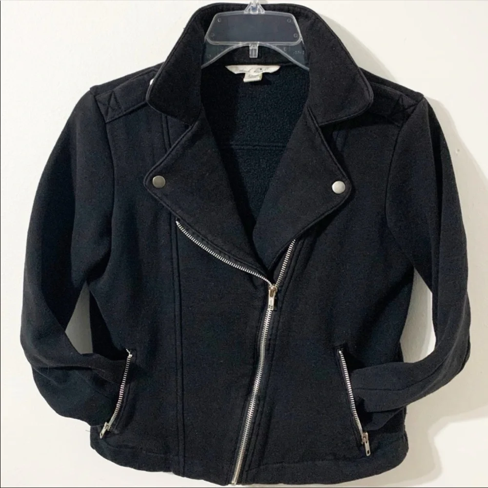 Derek Heart Asymmetrical Zipped Cropped Jersey Knit Moto Style Jacket Black⚫️ ⚪️